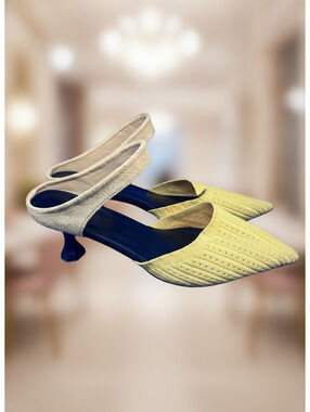 Yellow Beige Knit Pointed Toe Slingback Heel Pumps